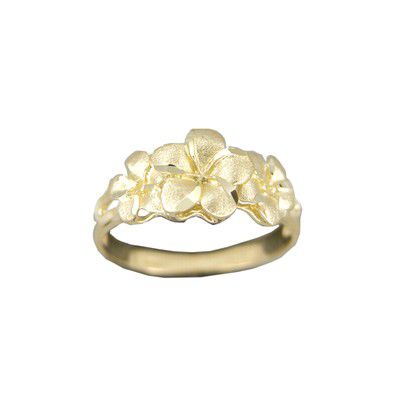 14KT Yellow Gold Medium Kirida Triple Plumeria Flowers Ring