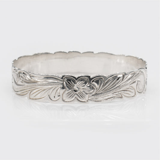 Sterling Silver 15mm Plumeria & Scroll Cut-Out Isla Bangle
