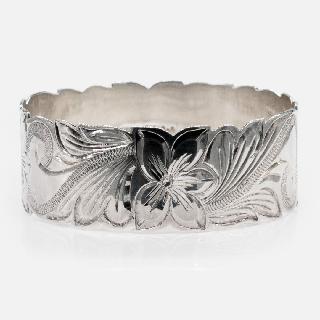 Sterling Silver 28mm Plumeria & Scroll Cut-Out Isla Bangle