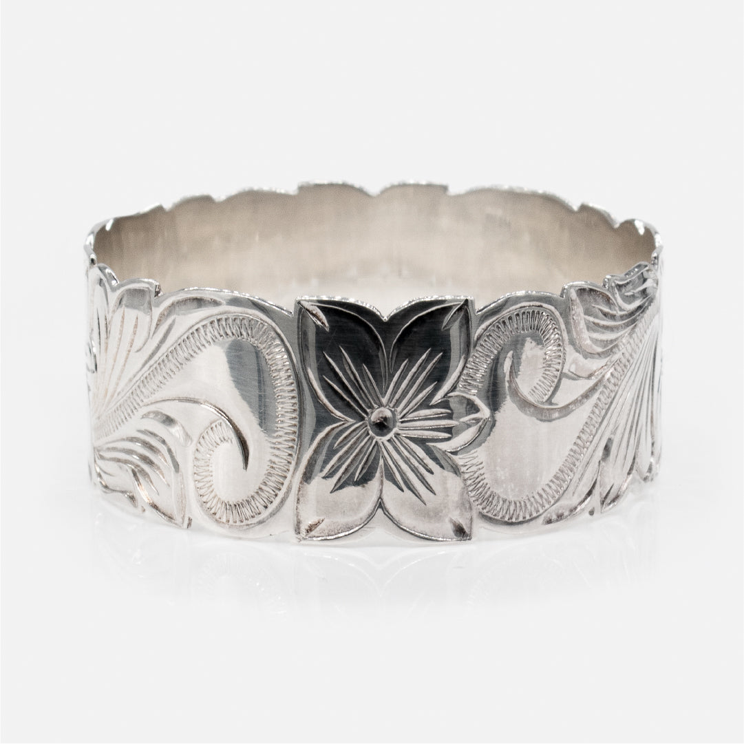 Sterling Silver 28mm Plumeria & Scroll Cut-Out Isla Bangle