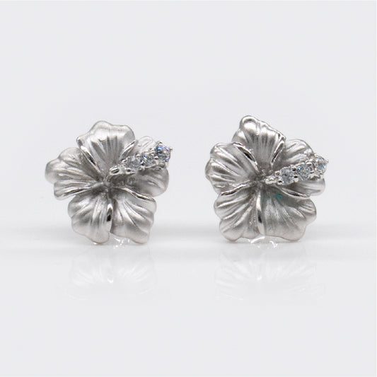 Sterling Silver Hibiscus Kamia Pierced Earring with Cubic Zirconia