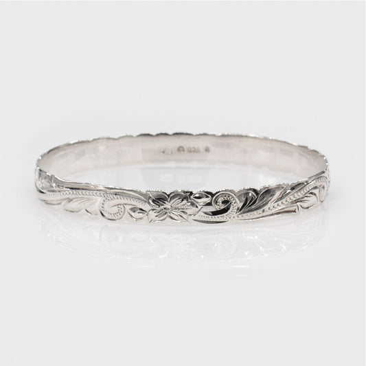 Sterling Silver 8mm Plumeria & Scroll Isla Bangle