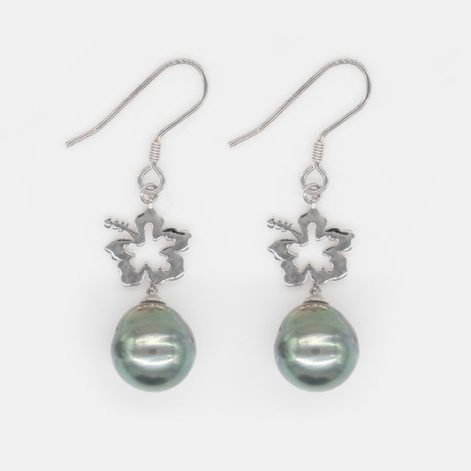 92.5 Sterling Silver Ina Tahitian Pearl Fish Hook Earrings with Hibiscus Accent