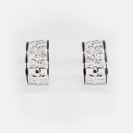92.5 Sterling Silver Isla Cut In Plumeria Half Hoop Earrings with Black Border