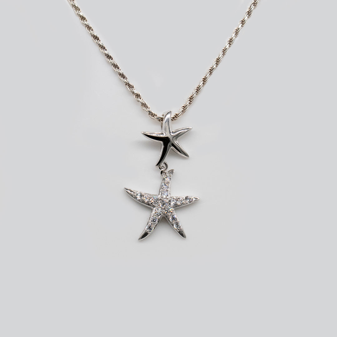 92.5 Sterling Silver Sirena Starfish Floating with Clear Cubic Zirconia Necklace