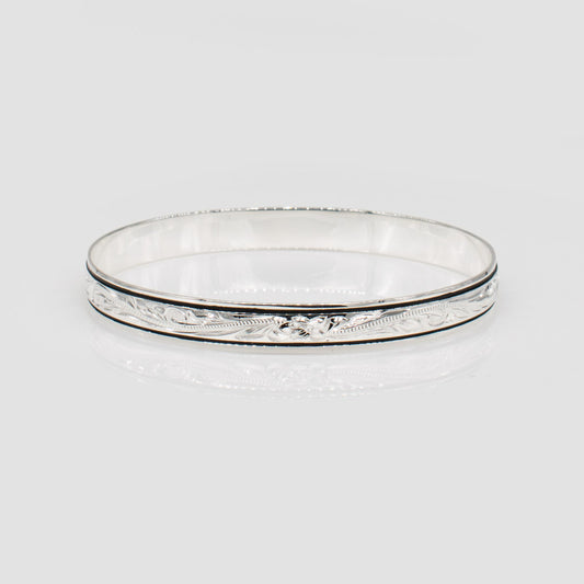 92.5 Sterling Silver Isla 8mm Plumeria & Scroll Cut Out Bangle with Black Border