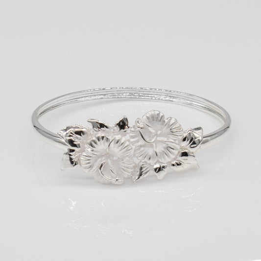 Sterling Silver Double Hibiscus Design Kamia Bangle with Open Clasp