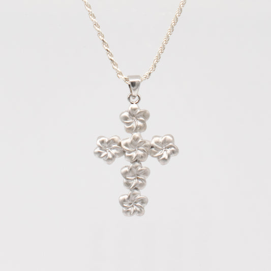 Sterling Silver Plumeria and Cross Design Tasi Pendant