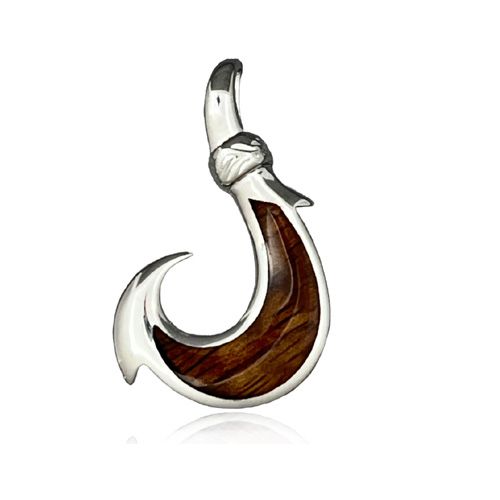 92.5 Sterling Silver Gadao Koa Wood Fish Hook Pendant (L)
