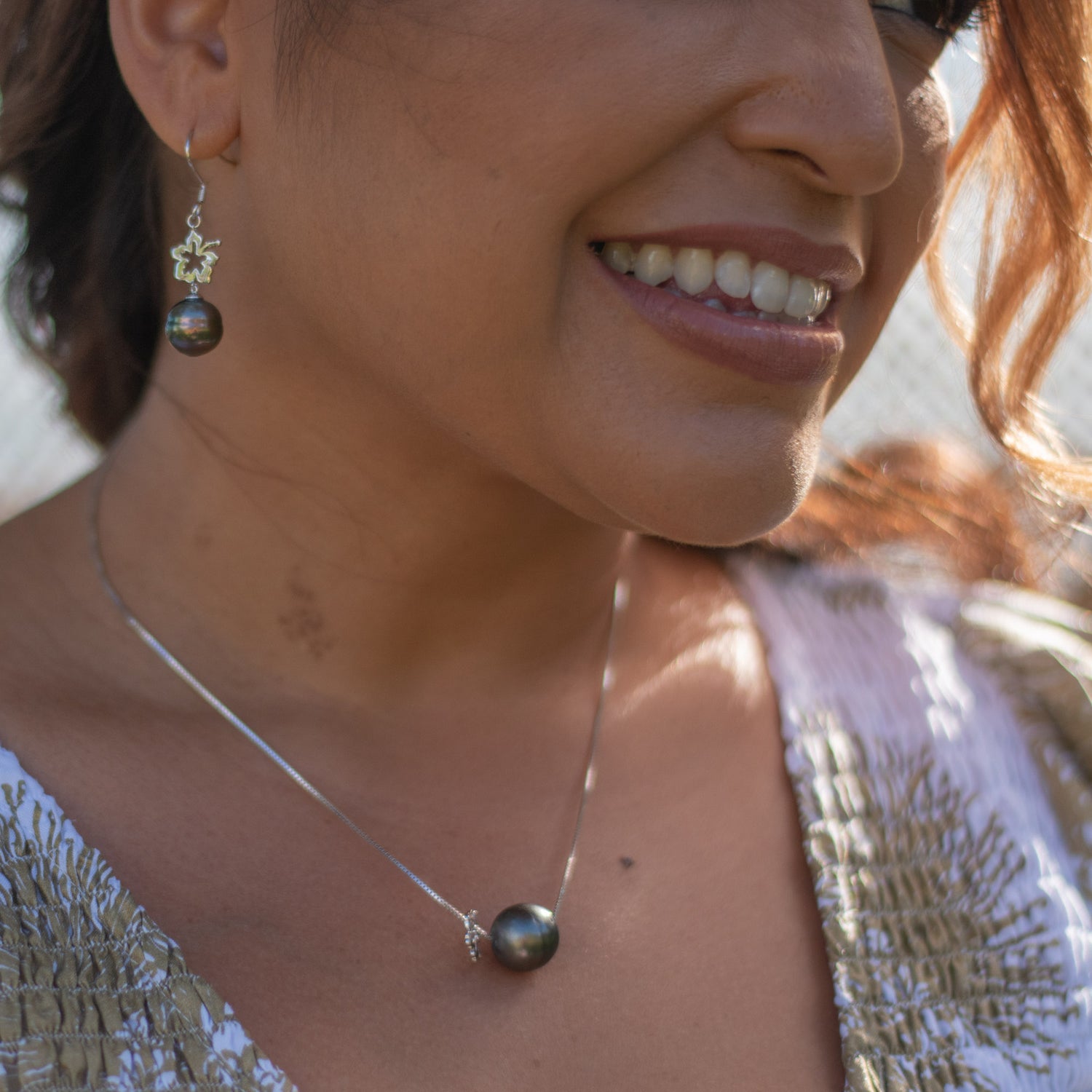 Ina Tahitian Pearl Fish Hook Earrings with Hibiscus Accent by Rosa