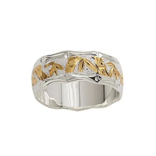 92.5 Sterling Silver Two Tone 8mm Bamboo Design Ring