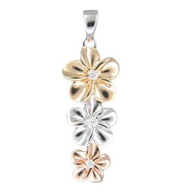 92.5 Sterling Silver Tasi Plumeria Tri Color Cubic Zirconia Plumeria Necklace