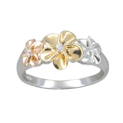 92.5 Sterling Silver Tasi Tri Color Plumeria Ring